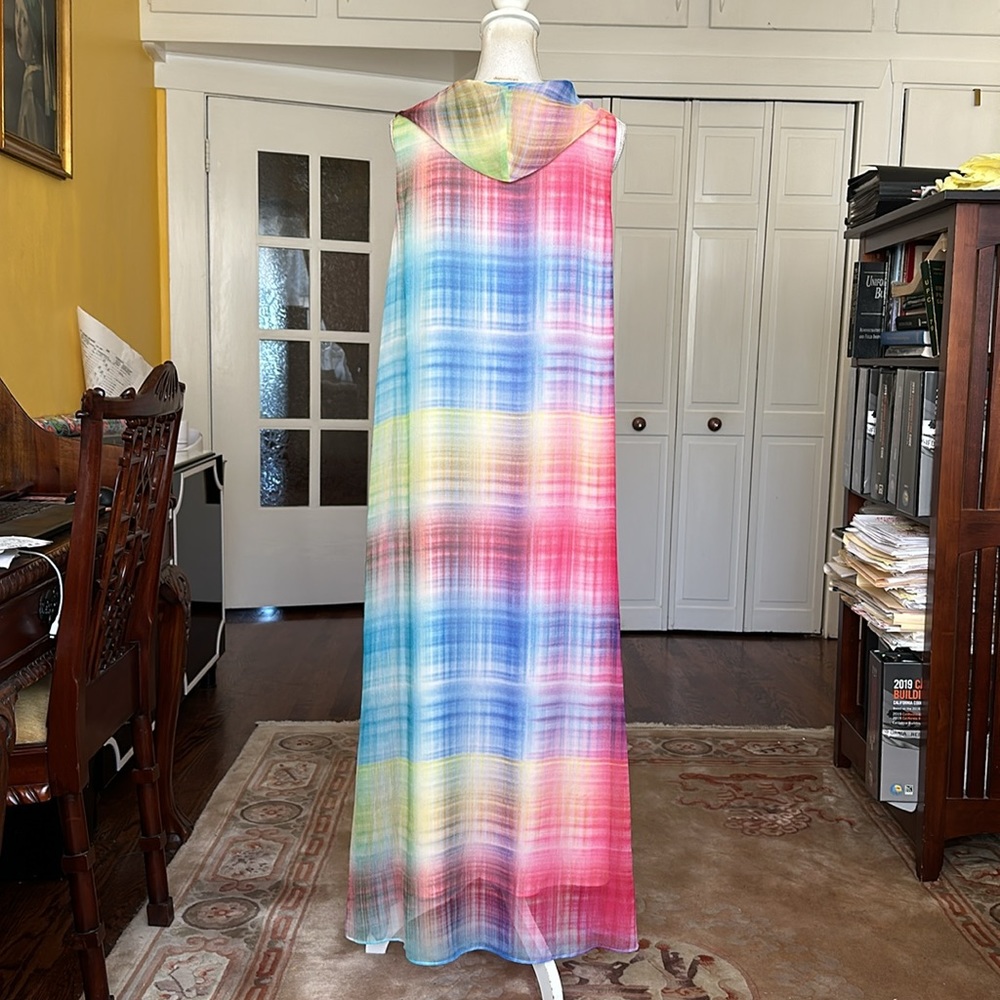 Soft Surroundings Carnevale Multi Plaid Maxi Dress Cowl Neck Pink Yellow Blue L - Picture 6 of 14